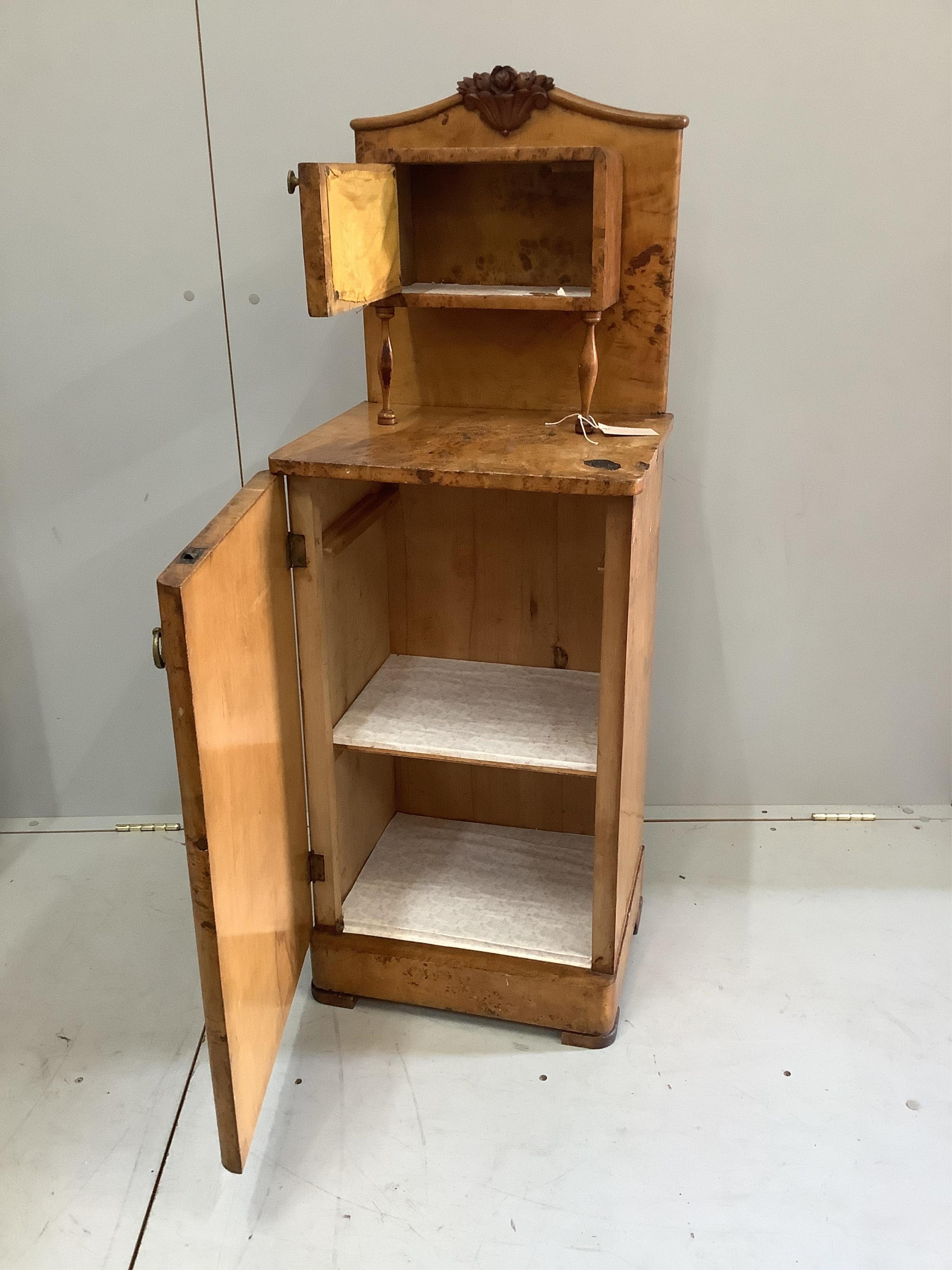 A 19th century French bird's eye maple bedside cabinet, width 43cm, depth 35cm, height 118cm. Condition - poor